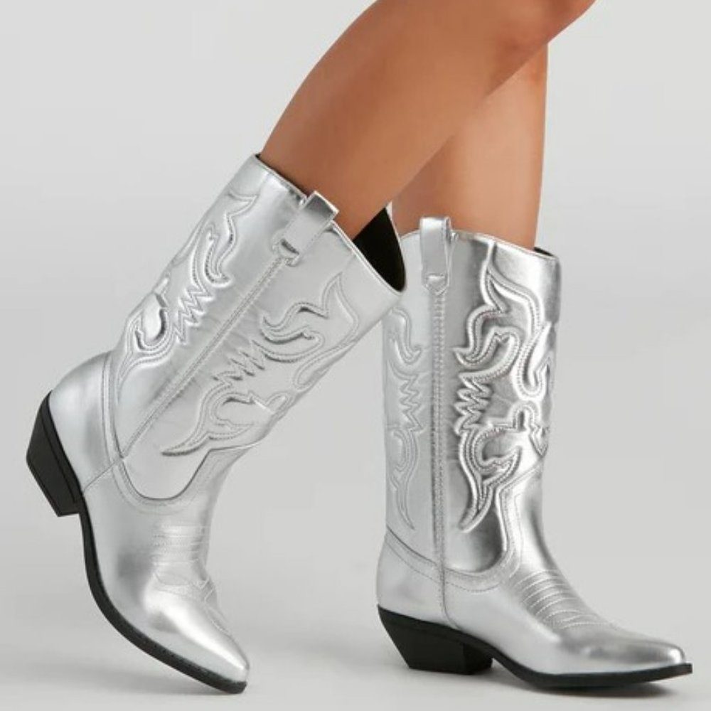 New Silver Western Cowboy Mid-Calf Boots NEW SALE PRICE